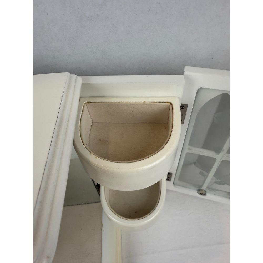 Vintage White Wooden Jewelry Armoire Cathedral Glass Door Tabletop Chest Mirror - Picture 13 of 14